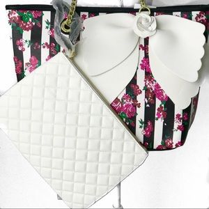 Betsey Johnson Black and White Stripe Floral Tote